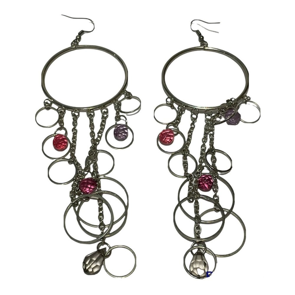 silver tone statement Hook Chain  earrings hoop rhinestones Chandelier Dangle￼